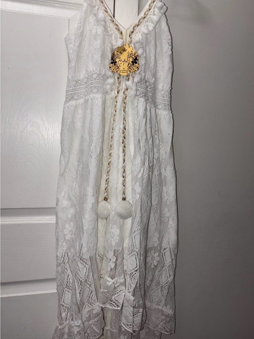 White Lace Summer Dress with Pom Tassels